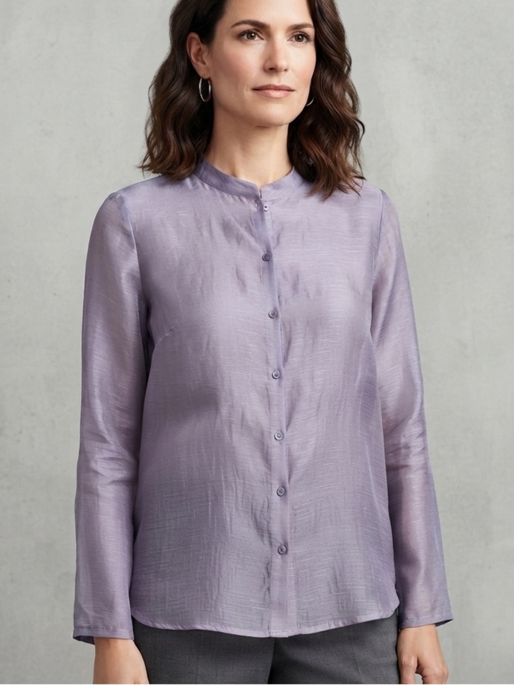 Eileen Fisher Sz M Silk Linen Blend Purple Button Front Mandarin Collar Blouse